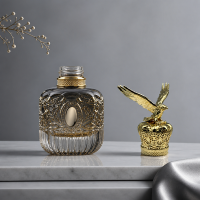 comprare Luxury 3D Spread Wings Eagle Zamac Perfume Cap Gold Plated Relieved Royal Crown Base Animal Sculpture Fragrance Lid Zinc Alloy Metal Perfume Bottle Cover Custom Logo FEA15 Per la bottiglia di profumo fabbricazione online