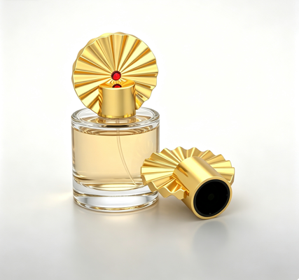 Acquistare Tappo profumo a forma di ventaglio di lusso in Zamac con cristallo rosso intarsiato e finitura dorata fabbricazione online