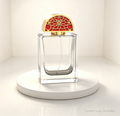 Acquistare Tappo profumo semicerchio cavo floreale in Zamac con finitura dorata smaltata rossa e incisione logo personalizzata fabbricazione online