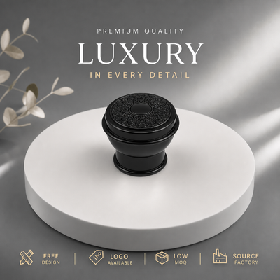 comprare Fabbrica di provenienza Perfume in lega di zinco in rilievo con tappo nero lucente rilievo floreale metallo perfume coperchio MOQ basso Servizio di stampa del logo personalizzato fabbricazione online