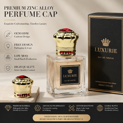 comprare Cappuccio per profumi in lega di zinco a forma di corona di lusso intarsiato in strass rosso Logo personalizzato in oro placcato Zamac Copertura di bottiglia di profumi in metallo OEM Copertura di bottiglia di profumi di fascia alta Magnetico fabbricazione online