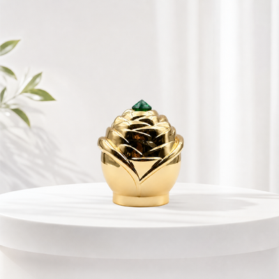 Fiore sculpito rosa lega di zinco cappuccio profumo verde strass top oro bottiglia profumo top logo personalizzato