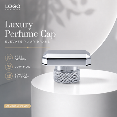 Tappo per profumo in lega di zinco zigrinato con diamante a taglio ottagonale in argento a specchio, con logo personalizzato, coperchio per fragranza in metallo per imballaggi cosmetici di profumo in vetro di design vuoto di lusso