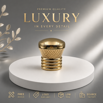 Produttore di tappi per profumi in lega di zinco a cupola piatta oro specchio lucido, coperchio in zamac con base ad anelli multipli a vita curva testurizzata a rete di diamanti, logo del marchio personalizzato accettato, MOQ basso, magnetico