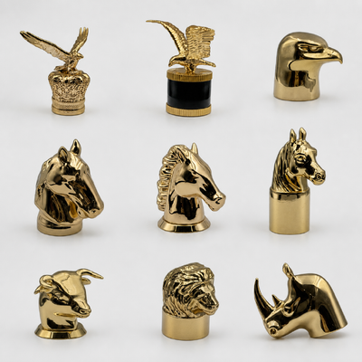 Luxury Gold Plated 3D Animal Sculpture Zamac Perfume Cap, Eagle Horse Lion Bull Rhino Animal Head Metal Perfume Closure Logo personalizzato Per gli uomini arabi Bottiglie di profumo