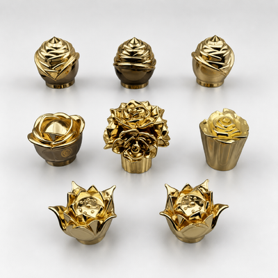Tappo profumo di lusso in Zamac placcato oro 3D floreale, scultura a forma di fiore di rosa e loto, chiusura per profumo in metallo con logo personalizzato per flaconi di profumo di lusso da donna