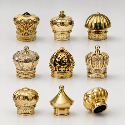 Corona placcata in oro multi-stile Zamac Cappuccio per profumo, Decorazione in strass Reale Scultura Metal Perfume Chiusura Logo personalizzato Per bottiglie di profumo arabi di lusso