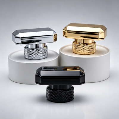 Tappo per profumo di lusso ottagonale orizzontale in lega di zinco con sfaccettature a taglio smussato, base con texture zigrinata, coperchio per flacone di profumo in zamac, galvanica a specchio multicolore, logo personalizzato OEM ODM