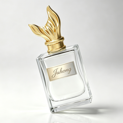 Bottiglia di profumo rettangolare curva in vetro di lusso con tappo in zamac dorato, flacone vuoto trasparente con base spessa, fiala di profumo in vetro con logo personalizzato per il confezionamento di profumi