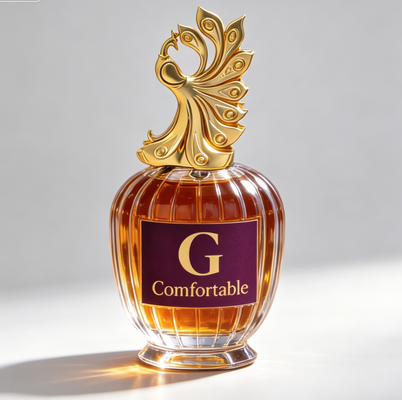 Bottiglia di profumo in vetro trasparente a nervatura verticale di lusso con tappo Zamac a forma di pavone d'oro, bottiglia di spray di profumo vuota ovale, contenitore di profumo in vetro con logo personalizzato per imballaggi di profumi di alta gamma