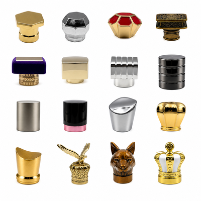 Tappo per profumo in lega di zinco FEA15 Multi-stile Testa di animale Corona Esagonale Zamac Copertura per bottiglia di profumo Logo personalizzato galvanizzato Tappo per profumo Zamac